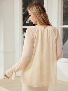 MOTF PREMIUM WOMEN'S CHIFFON CONTRAST LACE RIBBON EMBROIDERED ROMANTIC BLOUSE - Apricot - View 8