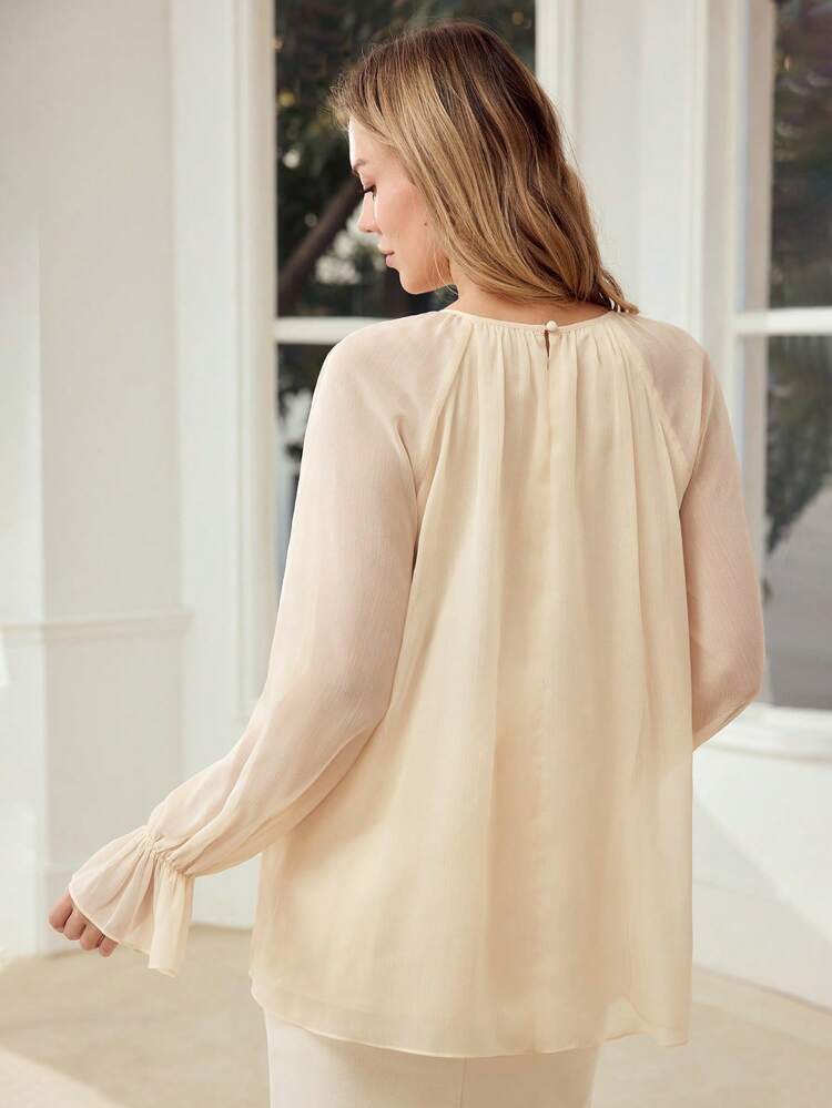 WOMEN'S CHIFFON CONTRAST LACE RIBBON EMBROIDERED ROMANTIC BLOUSE