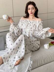 DAZY 浪漫花卉露肩荷叶边女士睡衣套装 - 白色 - 查看 6