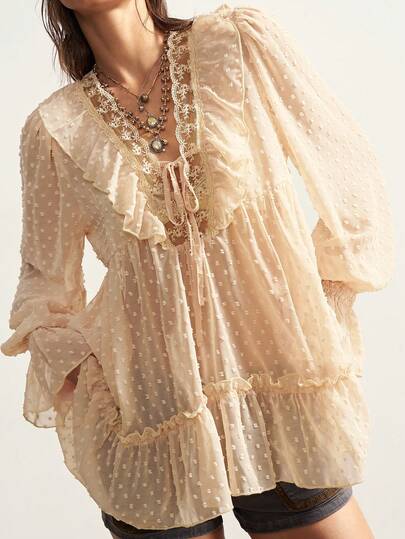 Bohemela Women's Casual Solid Color Woven Ruffle V-Neck Long Sleeve Blouse