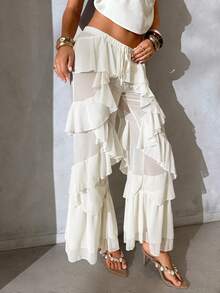 Aloruh 女士复古波西米亚风多层荷叶边纯色雪纺直筒裤，适合音乐节穿着 - 杏色 - 查看 5