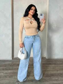 SHEIN SXY 大码女式性感休闲多色撞色镂空花卉T恤 - 彩色 - 查看 5