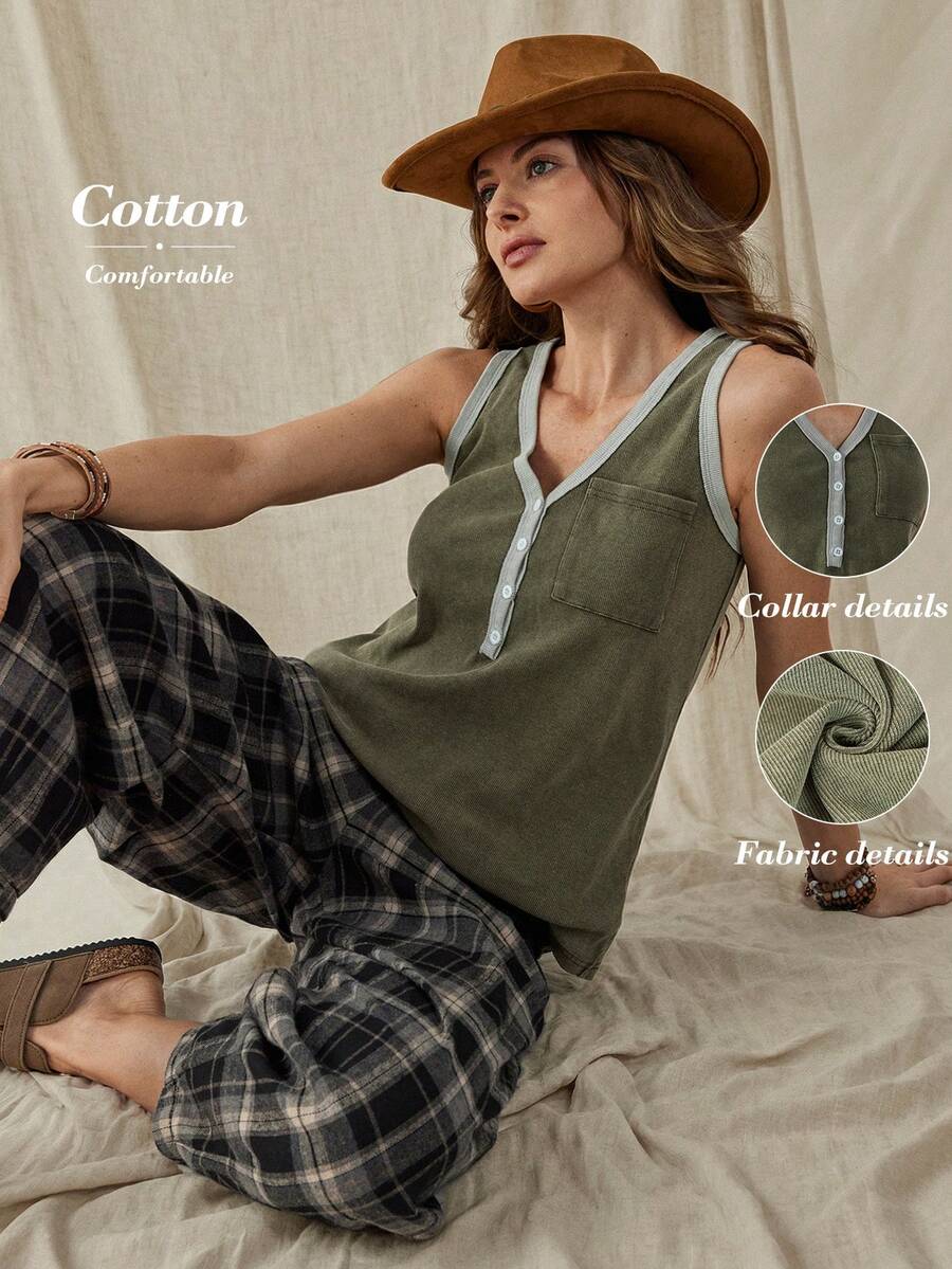 Wildy Áo tank top không tay phong cách BOHO miền Tây nước Mỹ cổ điển, phối màu loang lổ, trang phục cơ bản hàng ngày cho các buổi đi chơi và đi làm, có túi, thích hợp cho mùa xuân/hè. - Nhiều màu - Xem 1