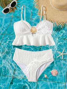 SHEIN Tween Girl Fitted Casual Minimalist Comfortable Shell Decor Swimwear Set - White - View 1