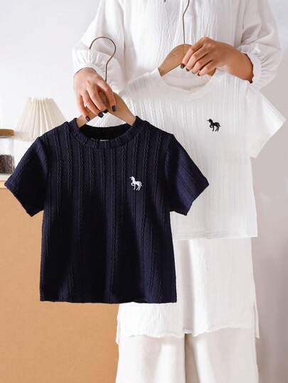 Genkimix Kids 2pcs/Set Young BoyCasual Cable Knit Embroidered Horse Short Sleeve T-Shirt, Spring/Summer