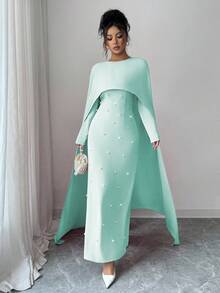 Elenzga Abito da donna lungo e aderente per feste, in maglia, con collo rotondo, maniche lunghe a palloncino, decorazione con perle in vita, elegante e versatile, adatto per l'autunno/inverno - Menta Verde - Visualizzare 6