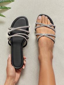 SHUZIA Women's Minimalist Crisscross Straps Slip-On Flat Sandals - Black - View 2