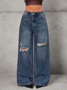 SHEIN Tall 高腰做旧水洗阔腿牛仔裤 - 深色水洗藍 - 查看 4