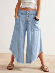 Bohemela 女士休闲纯色梭织宽松七分裤 - 藍色 - 查看 3