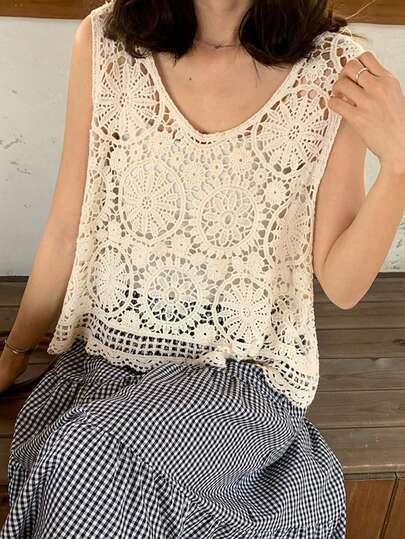 FRIFUL Áo len móc cổ chữ V dáng rộng không tay dành cho nữ