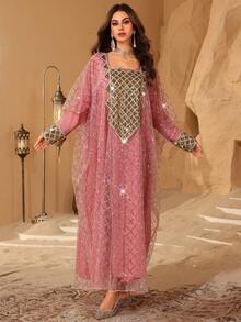 Layrah Elegant Spring/Summer Square Neck Sequin Embroidered Dress For Evening Party - Pink - View 5