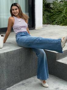 DAZY 女士常规中腰喇叭牛仔裤 - 中等水洗藍 - 查看 6
