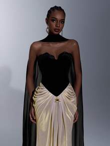 Elitara Elegant, Luxurious, Fashionable, Sexy Black And White Contrast, Velvet Fabric, Coated Fabric, Strapless, Waist Metal Decor Buckle, Fishtail Skirt, Trailing, (Detachable Halter Flounce) Suitable For Vacation, Wedding, Bachelorette Party, Formal Ball Gown, Formal Dinner Dress - Black and White - View 1