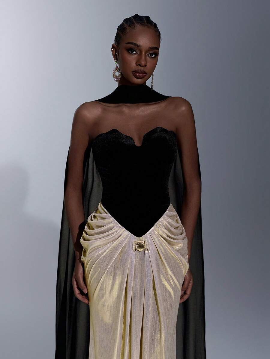 Elitara Elegant, Luxurious, Fashionable, Sexy Black And White Contrast, Velvet Fabric, Coated Fabric, Strapless, Waist Metal Decor Buckle, Fishtail Skirt, Trailing, (Detachable Halter Flounce) Suitable For Vacation, Wedding, Bachelorette Party, Formal Ball Gown, Formal Dinner Dress - Black and White - View 1