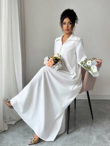 Yasmyna Women's Floral Lace Patchwork Long Sleeve Elegant Arabic Dress - White - View 5