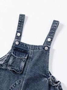Tween Girls' Denim Bib Pants And Jumpsuit, New Casual Fashion Cargo Pocket Design Washed Blue Denim Bib Pants - Blue - View 5