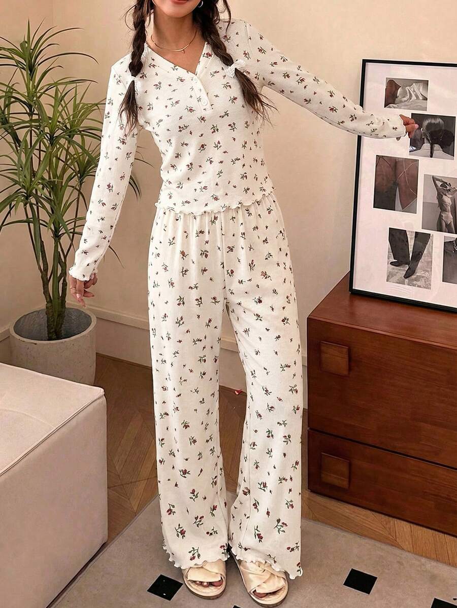 SHEIN Bộ đồ ngủ cho bé gái tuổi teen dễ thương, ngọt ngào, tối giản, nhiều màu sắc, họa tiết nơ, cổ chữ V, tay dài và quần dài, viền bèo nhún, chất liệu mềm mại, thoải mái, 2 món. - Màu be - Xem 1