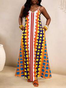 VaVaBold Women's Summer Boho Vacation Holiday Colorblock Geometric African Print Maxi Slip Dress, Summer Outfits - Multicolor - View 4