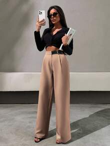 SHEIN Tall Elegant Style, Half Faux Leather Belt Detailed Straight Fit Pant - Camel - View 7