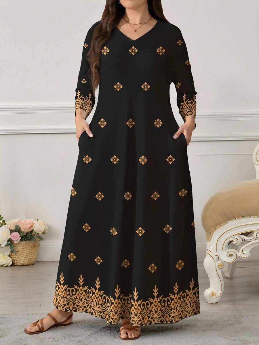 Al Najma 大码女式花卉对称图案数码印花V领长袖连衣裙，带口袋和喇叭下摆 - 彩色 - 查看 1