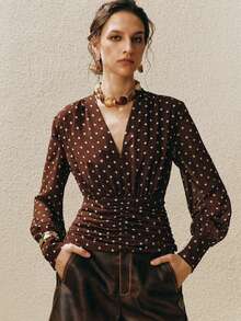 Arave Damen V-Ausschnitt Polka Dot Bluse - Kaffeebraun - Übersicht 3
