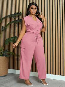 Slaydiva 大码女式优雅通勤休闲纯色黄色无袖立领开襟抽绳腰带交叉口袋及踝可调节下摆连体裤，春夏居家办公穿搭，女士工作服，曲线身材女式连体裤工作服 - 粉色 - 查看 4