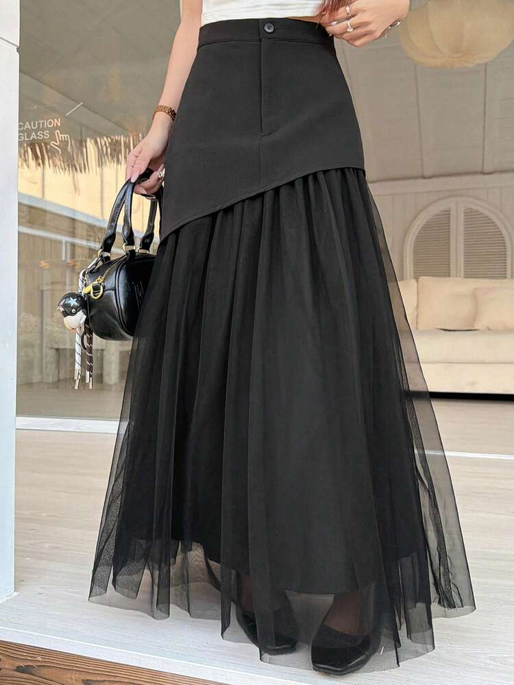 Women's Solid Color High Waist Mesh Patchwork Long Skirt