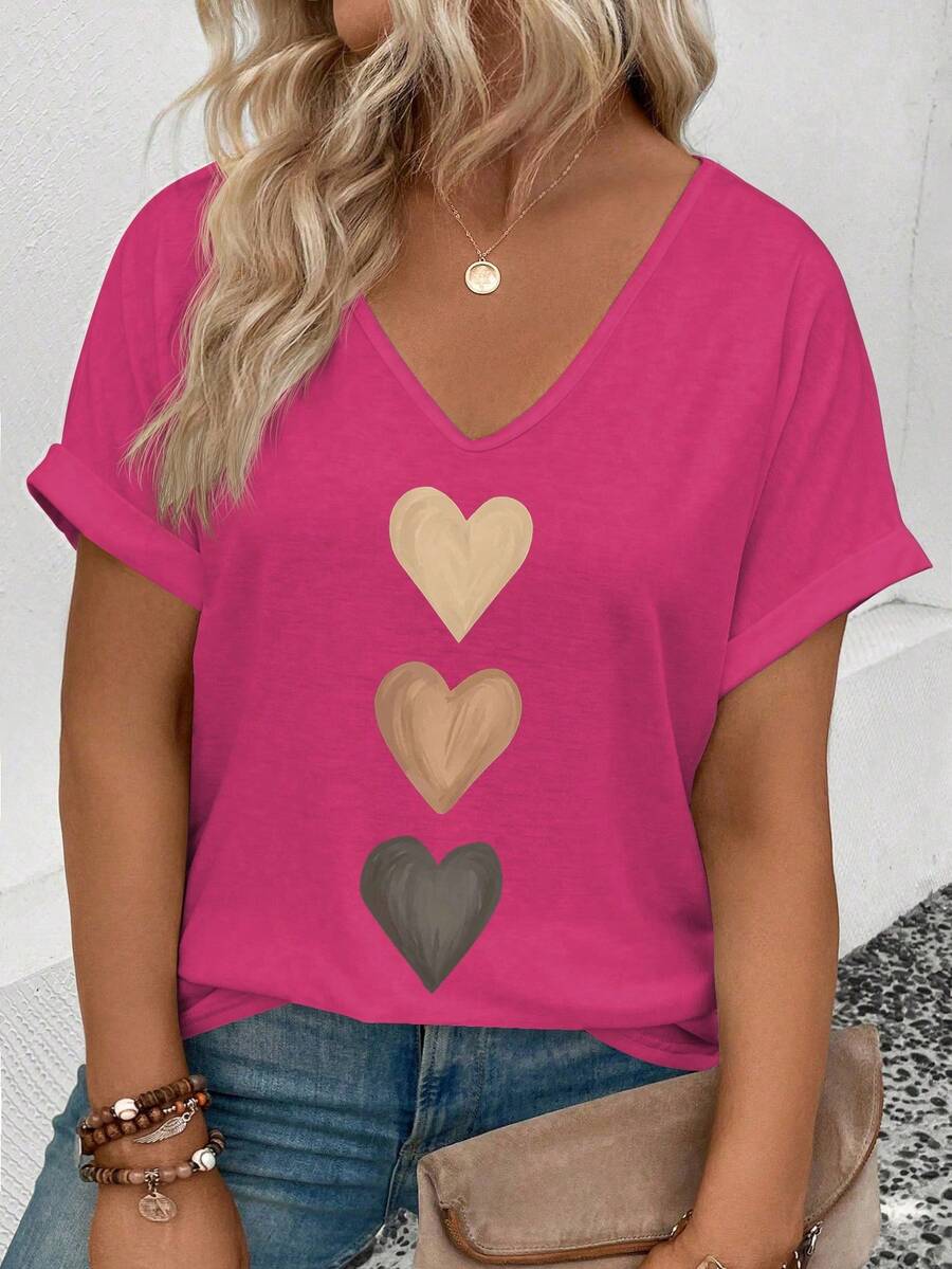 EMERY ROSE Women's V-Neck Flared Cuff, Ombre Heart Print Casual Versatile T-Shirt, Spring/Summer - Hot Pink - View 1
