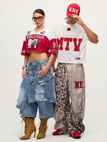 MTV | SHEIN Women's Summer Street Patchwork Mesh Letter Graphic Cropped Drop Shoulder T-Shirt - Red and White - View 9