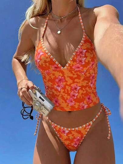 Swim Mod Summer New Arrival Cross-Border European And American Two Pieces Set, Crop Top With Contrast Trim And Triangle Bottoms With Contrast Drawstring, Supportive Camisole Bikini Swimsuit Set For Girls, Sweet For Spa, Beach, Holiday Pink And Orange Bikini Boho Bikini Set Vacation Bikini Set Bikini Floral Y2k Tankini Western Bathing Suit Orange Bikini Set Orange Bathing Suit Women Orange One Piece Swimsuit