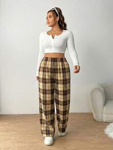 SHEIN EZwear 加大码女式黑白格子弹力腰带口袋阔腿休闲宽松裤，卡其色 - 卡其色 - 查看 4