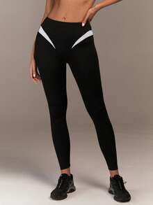 Fluxe 女士休闲拼接彩色打底裤，日常百搭 - 黑色 - 查看 1