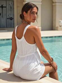 SHEIN 孕婦夏季沙灘純色無袖透視套裝，配腰帶 - 米色 - 查看 2