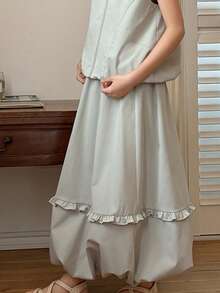 DAZY 少女纯色无袖背心+半裙两件套，秋夏季 - 灰色 - 查看 1