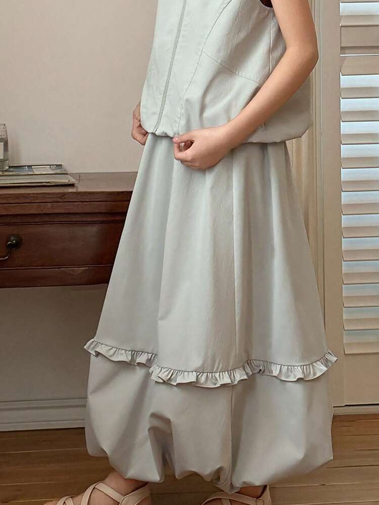 Tween Girls Solid Color Sleeveless Vest + Skirt 2-Piece Set, Fall Summer