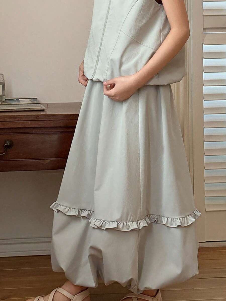 DAZY 少女纯色无袖背心+半裙两件套，秋夏季 - 灰色 - 查看 1