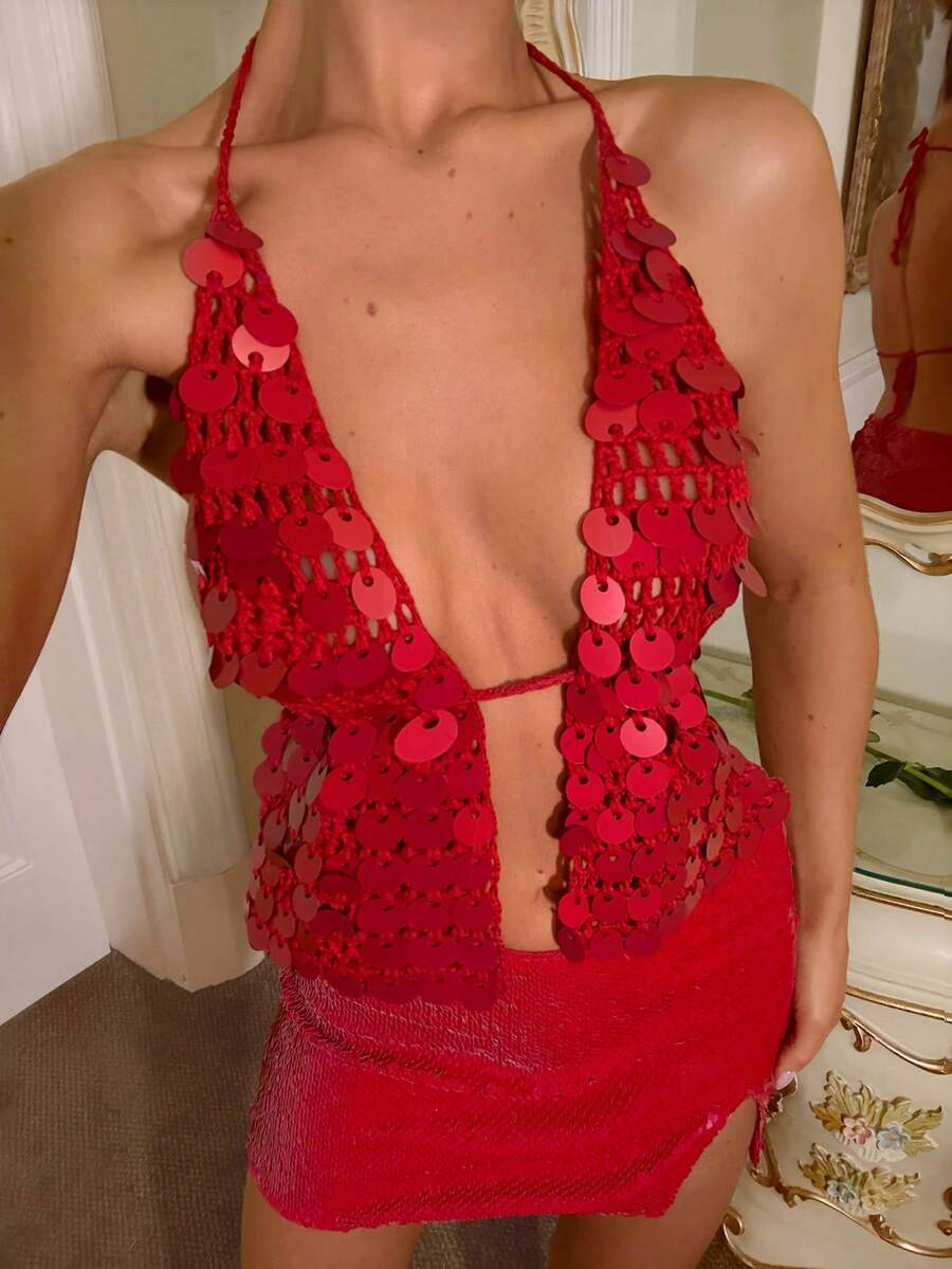 SHEIN Glamour Spring & Summer New Style 1pc Red Hand-Crocheted Beaded Halter Backless Elegant Vacation Women Sweater/Party Top - Red - View 1