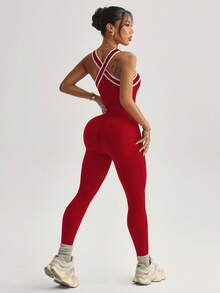 Dewbera Women's Contrast Stripe Halter Neck Jumpsuit - Red - View 2