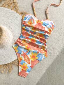 Soleia Women's Vacation Starfish Print Ruched Textured Halter One-Piece Swimsuit - Multicolor - View 2