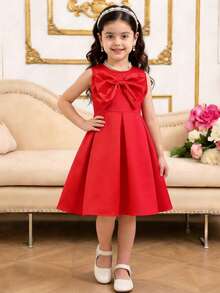 Glamorique Kids 少女蝴蝶结缎面连衣裙，适合度假、派对、户外活动穿着 - 紅色 - 查看 5