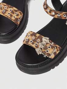 Sugerpunk Women's Platform Wedge Sandals Dark Rock Punk Goth Shoes Summer Open-Toe Belt Buckle Y2K Party Shoes Summer Open-Toe Roman Beach Sandals - leopard print - View 2