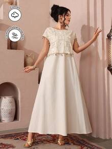 SHEIN Najma Round Neck Short Sleeve Pearl Embroidered Patchwork Shell Tape Flared Hem Arabic Style Dress For Women - Apricot - View 7