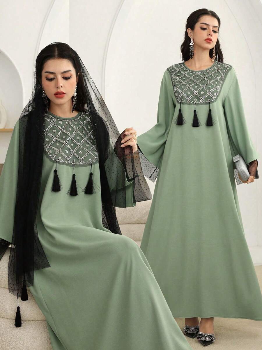 Al Najma Sequin Collar Flower Pendant Decor Light Green Arabic Style Dress With Headscarf Kaftan Jalabiya Dress