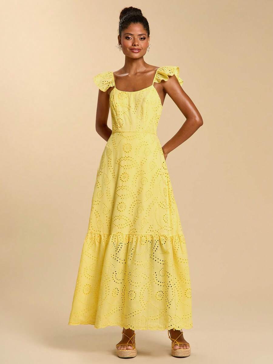 Travachic Women's Hollow Embroidery Romantic Vacation Cap Sleeve Dress - Yellow - View 1