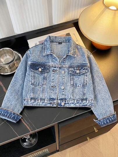 Tween Girls Y2K Style Denim Jacket, Spring/Autumn/Winter, Light Blue Denim With Faux Pearl Embellishment, Fitted Silhouette, Soft And Comfortable Fabric, Suitable For Daily Wear, School, And Commute