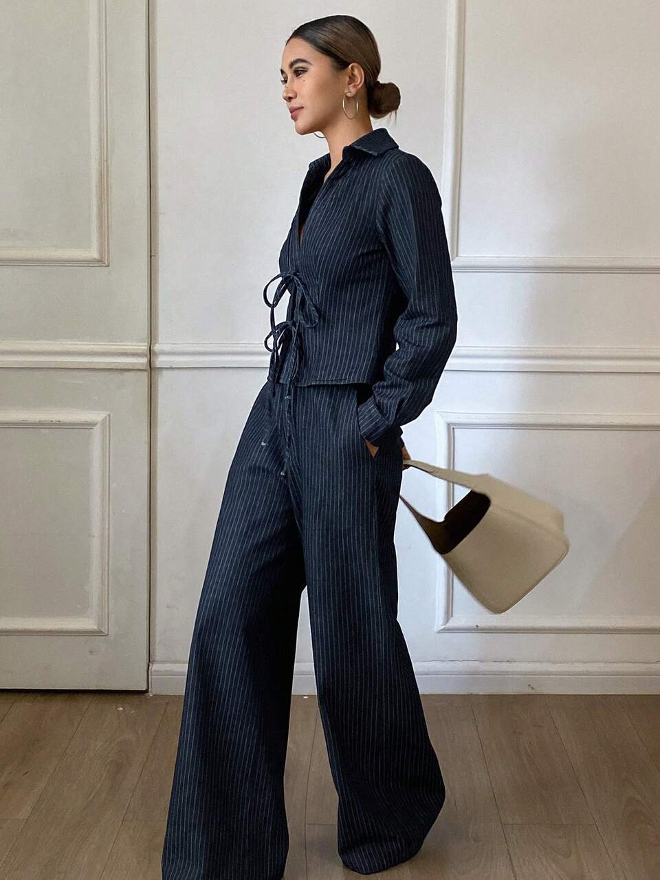 Women Striped Long Sleeve Tie Front Top And Jeans 2-Piece Set