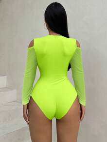 BamGleam 女士霓虹绿露肩长袖性感紧身衣 - 黃色 - 查看 2