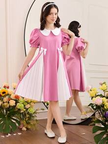 Firerie Kids Tween Girl Casual Commuter Cute Peter Pan Collar Patchwork Pleated Dress - Pink - View 3