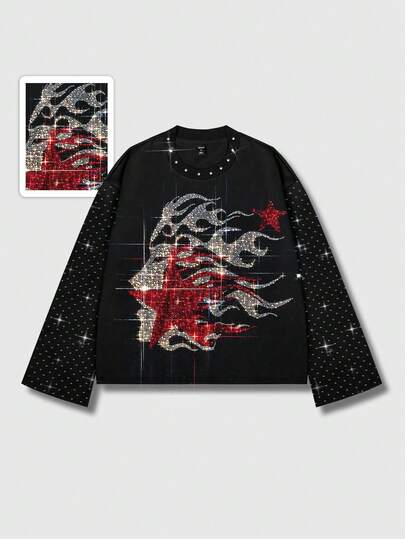 Street Life Men's Fashion Rhinestone Face & Star Print Long Sleeve T-Shirt, Fall, 2000s Style