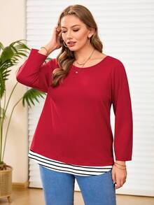 EMERY ROSE Plus Size Buttoned Back Striped T-Shirt - Black and White - View 4
